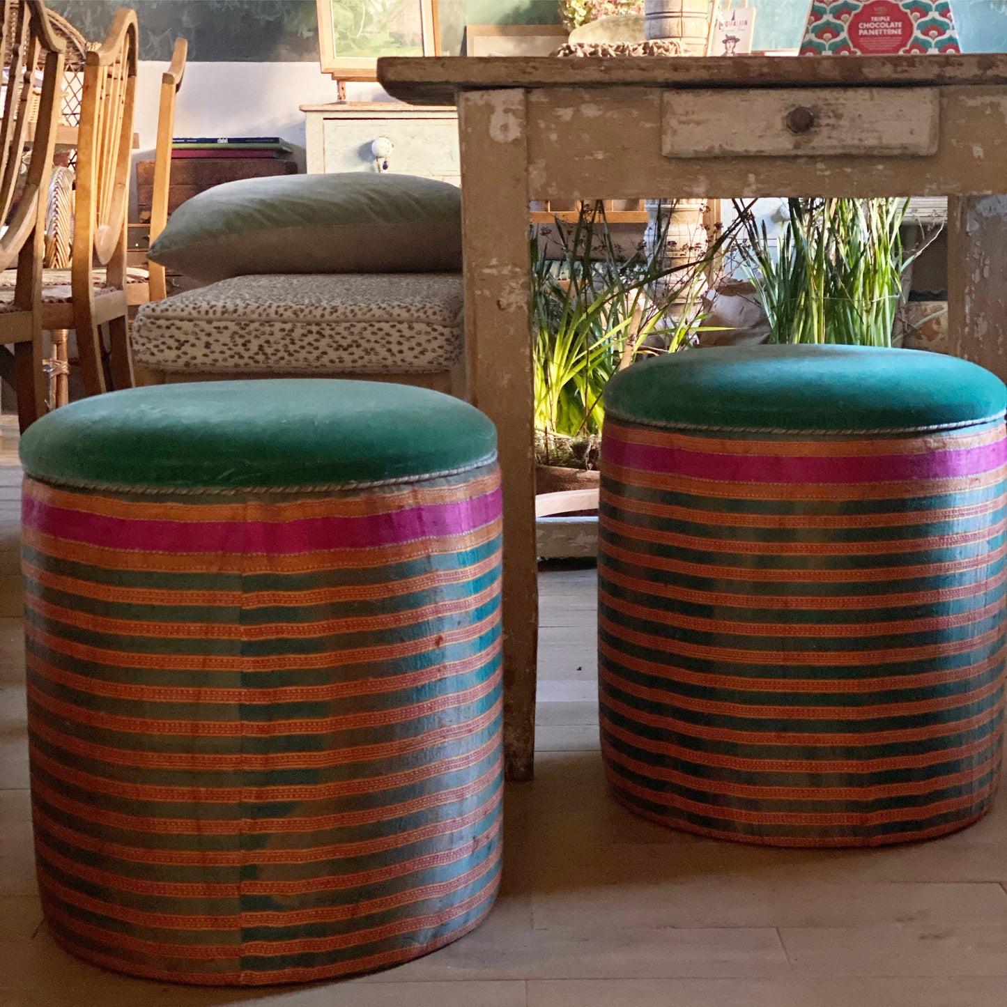 Drum Stools - Shibori silk and velvet