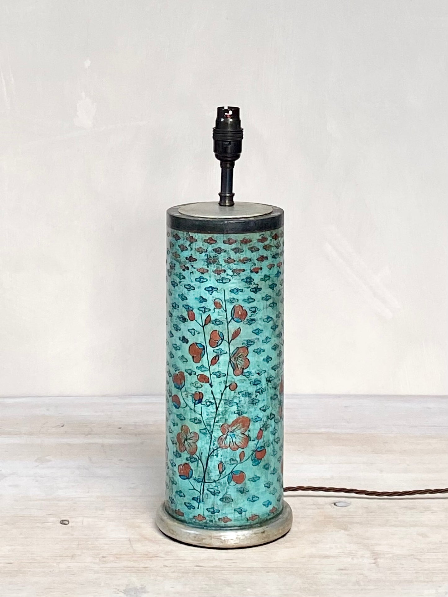 Original Drum Lamp Base, Glossy Gesso Finish, Teal and Red Ochre
