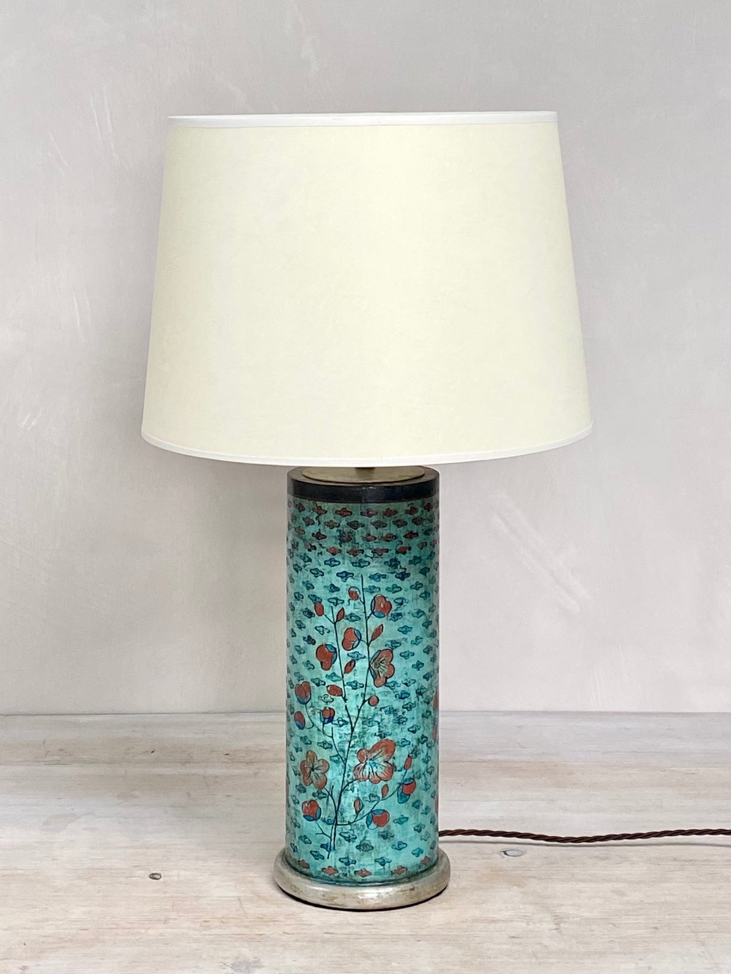 Original Drum Lamp Base, Glossy Gesso Finish, Teal and Red Ochre
