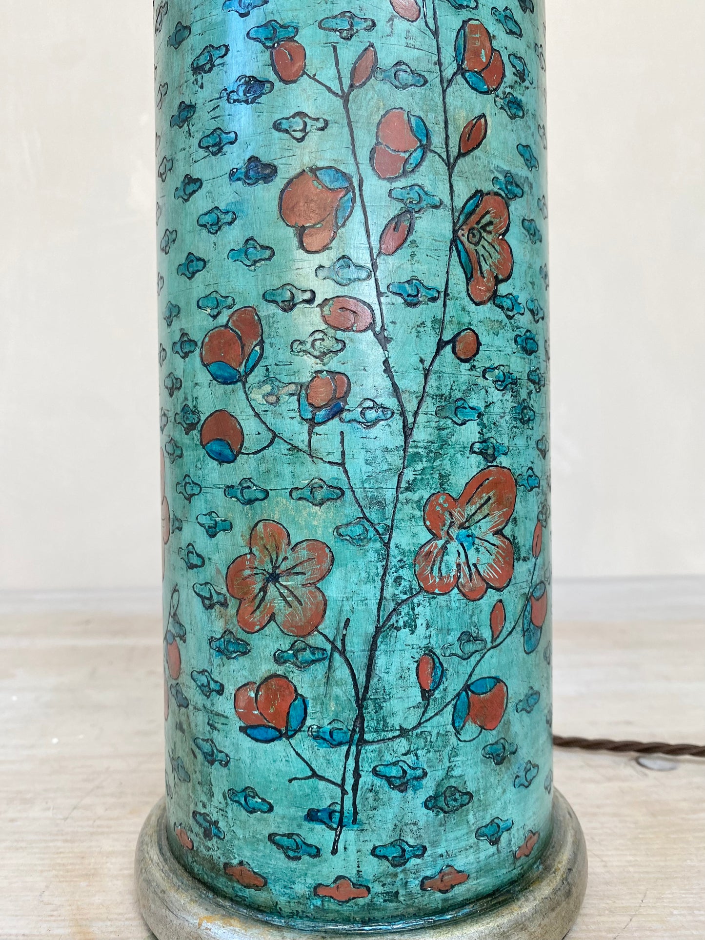 Original Drum Lamp Base, Glossy Gesso Finish, Teal and Red Ochre