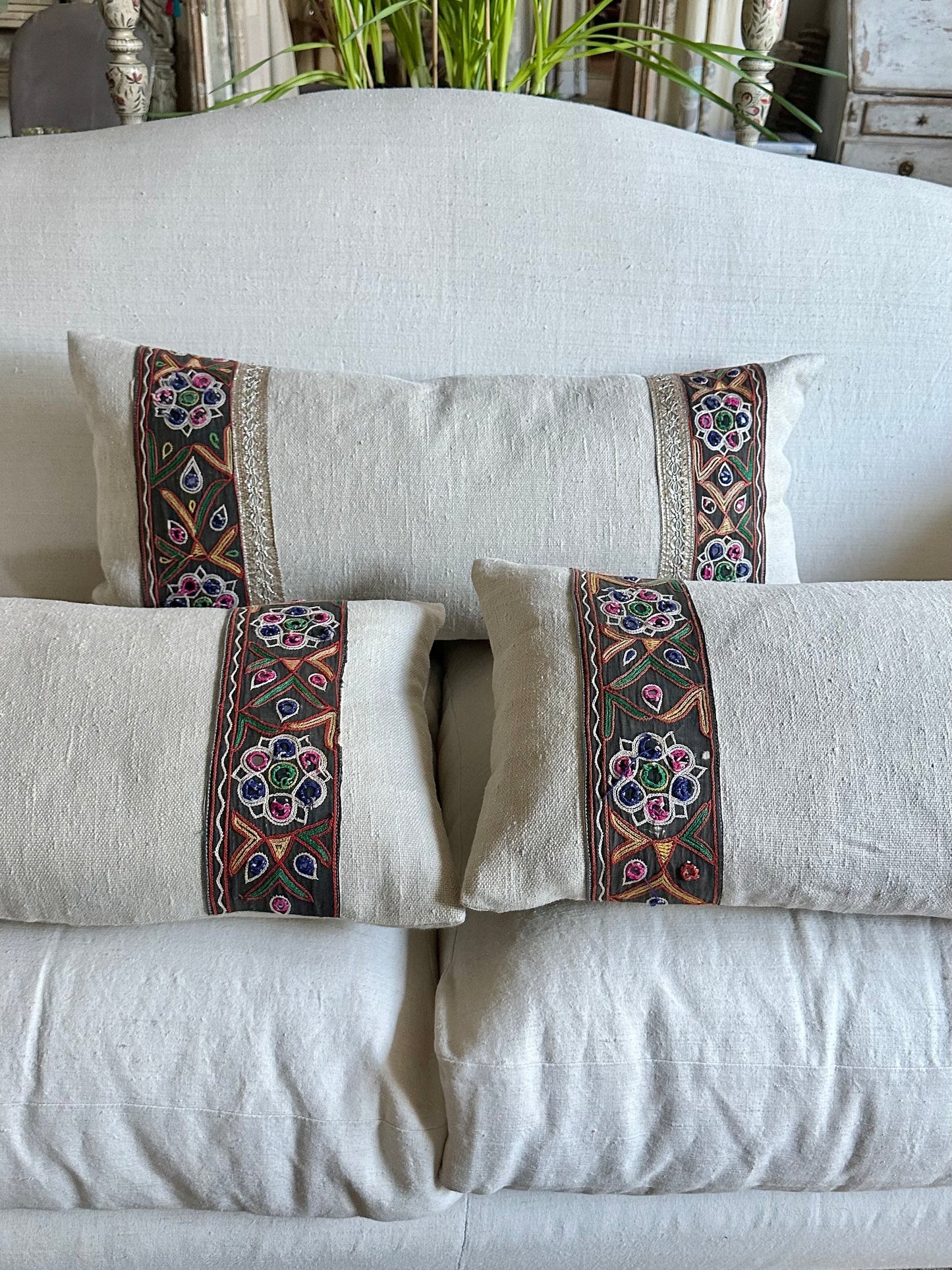 Linen Cushions with antique trims
