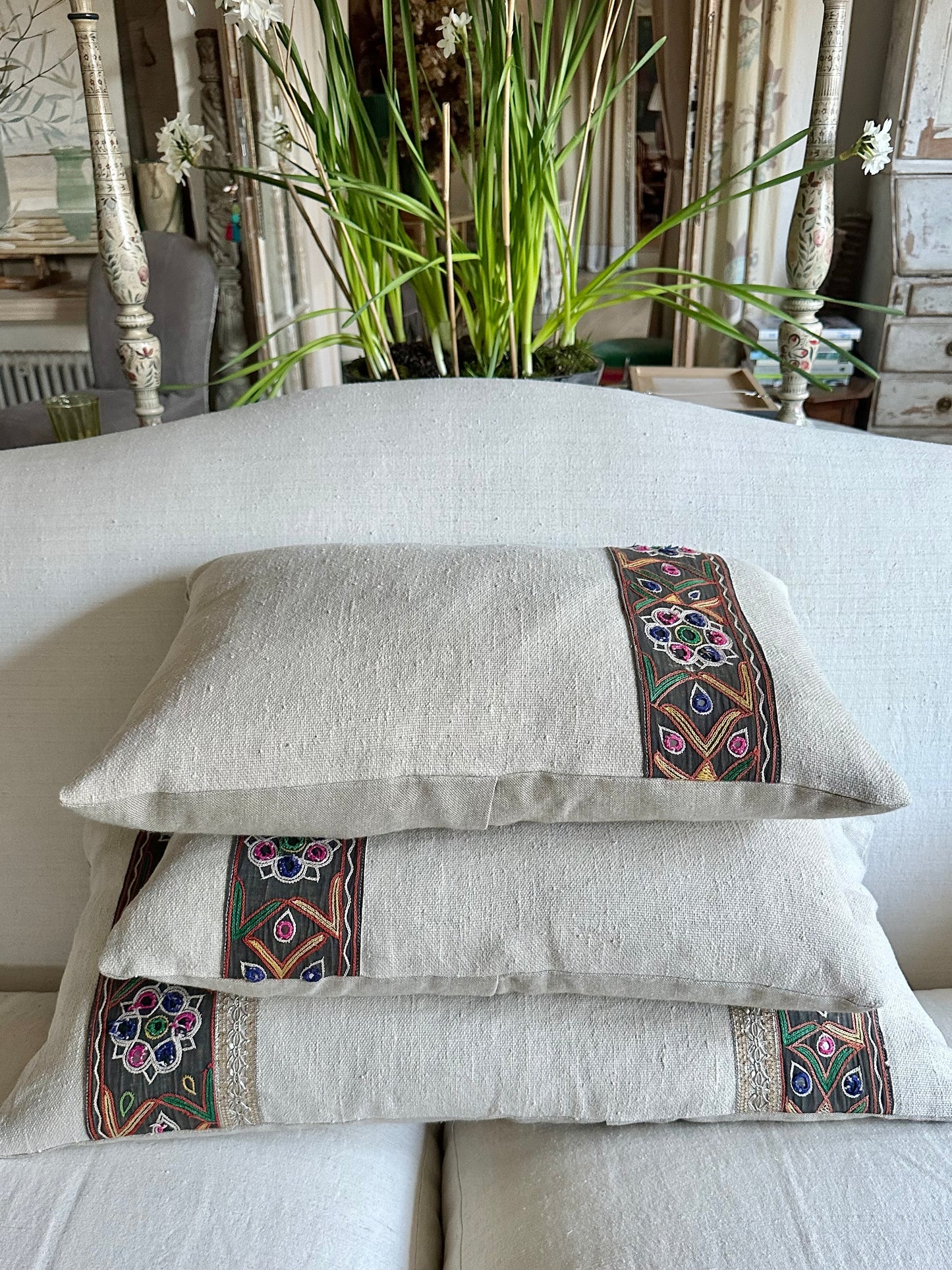 Linen Cushions with antique trims