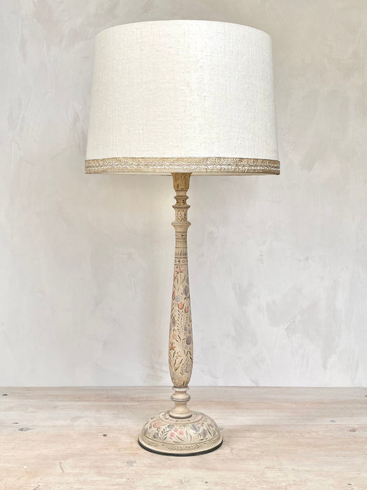 Tall Kashmiri Candlestick Lamp Base Apricot Green Faded