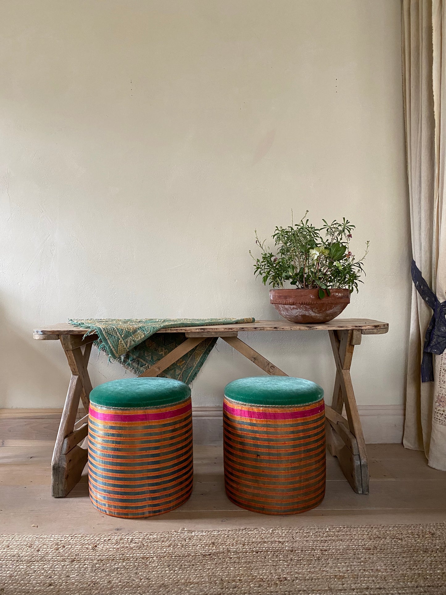 Drum Stools - Shibori silk and velvet