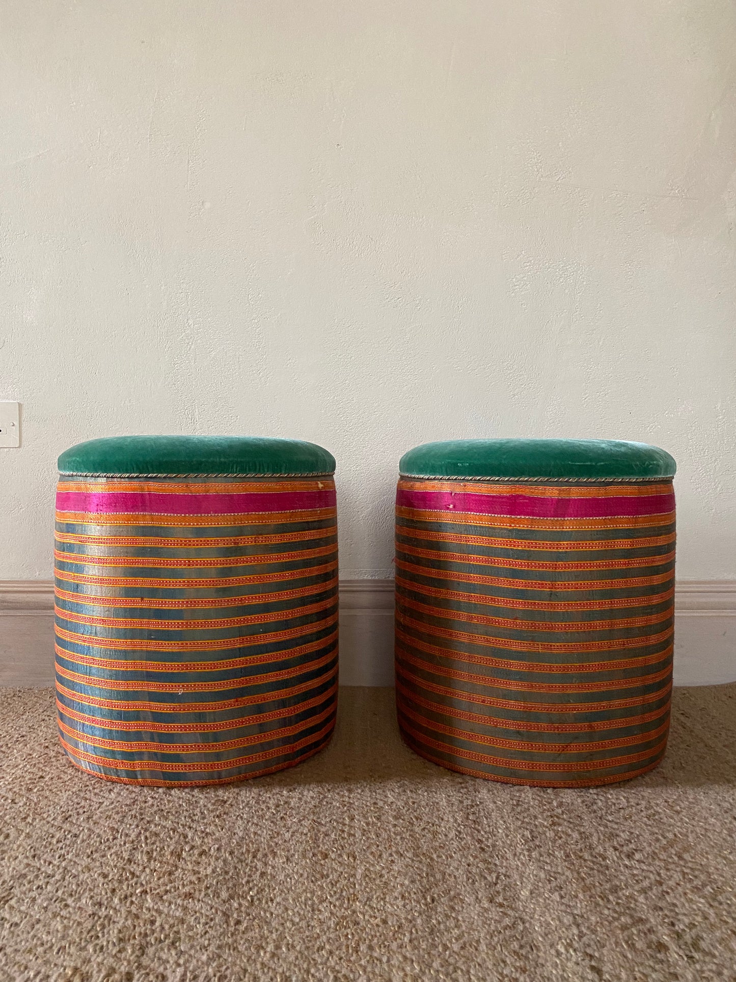Drum Stools - Shibori silk and velvet