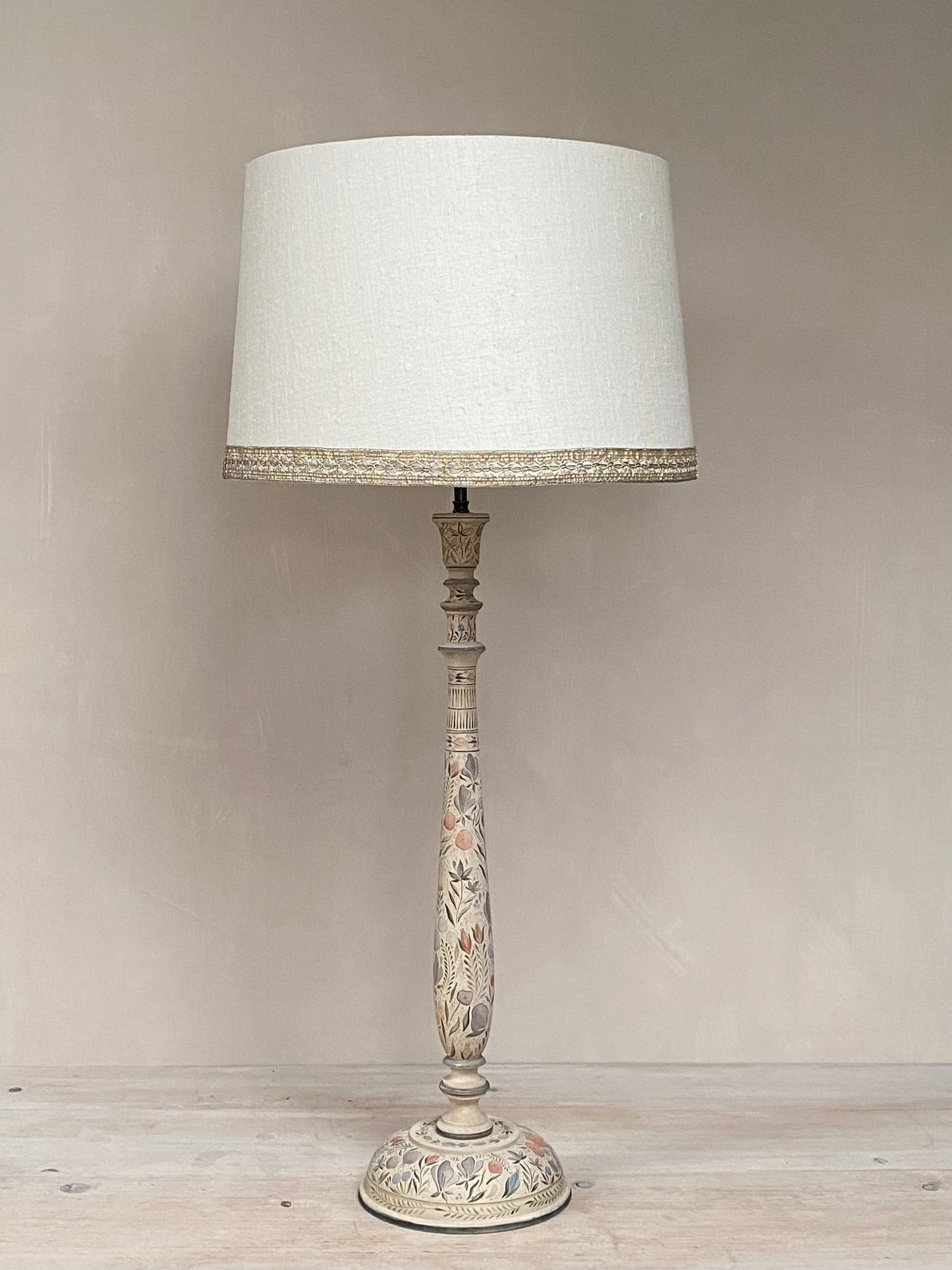 Tall Kashmiri Candlestick Lamp Base Apricot Green Faded