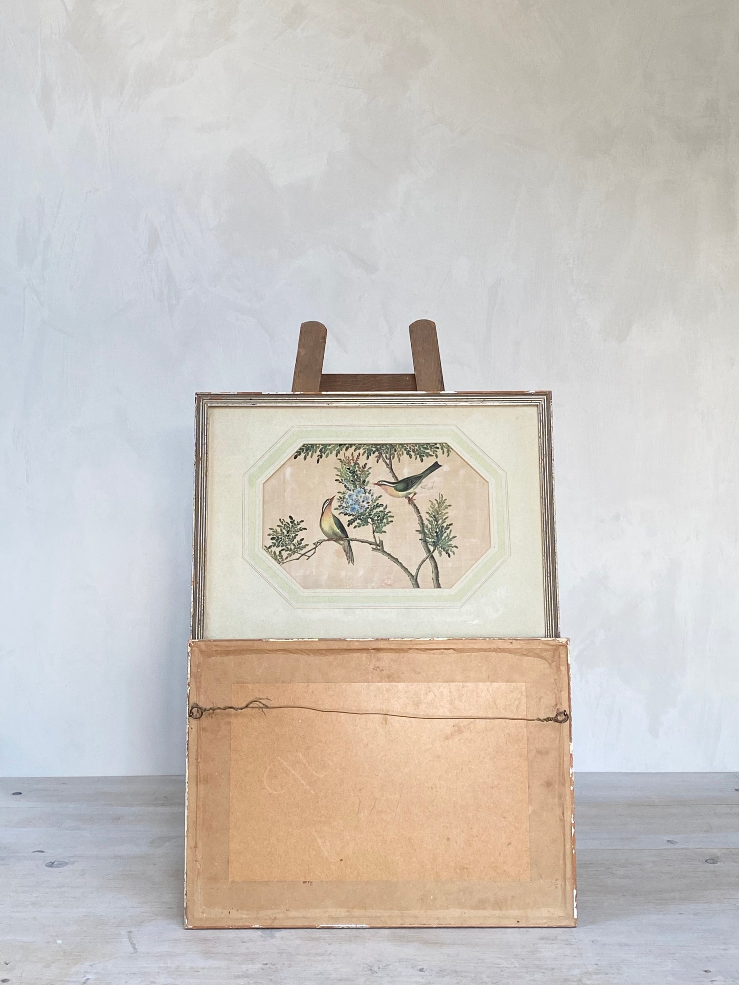 A pair of lovely Chinese silk hand painted water colours of birds in their original frames.