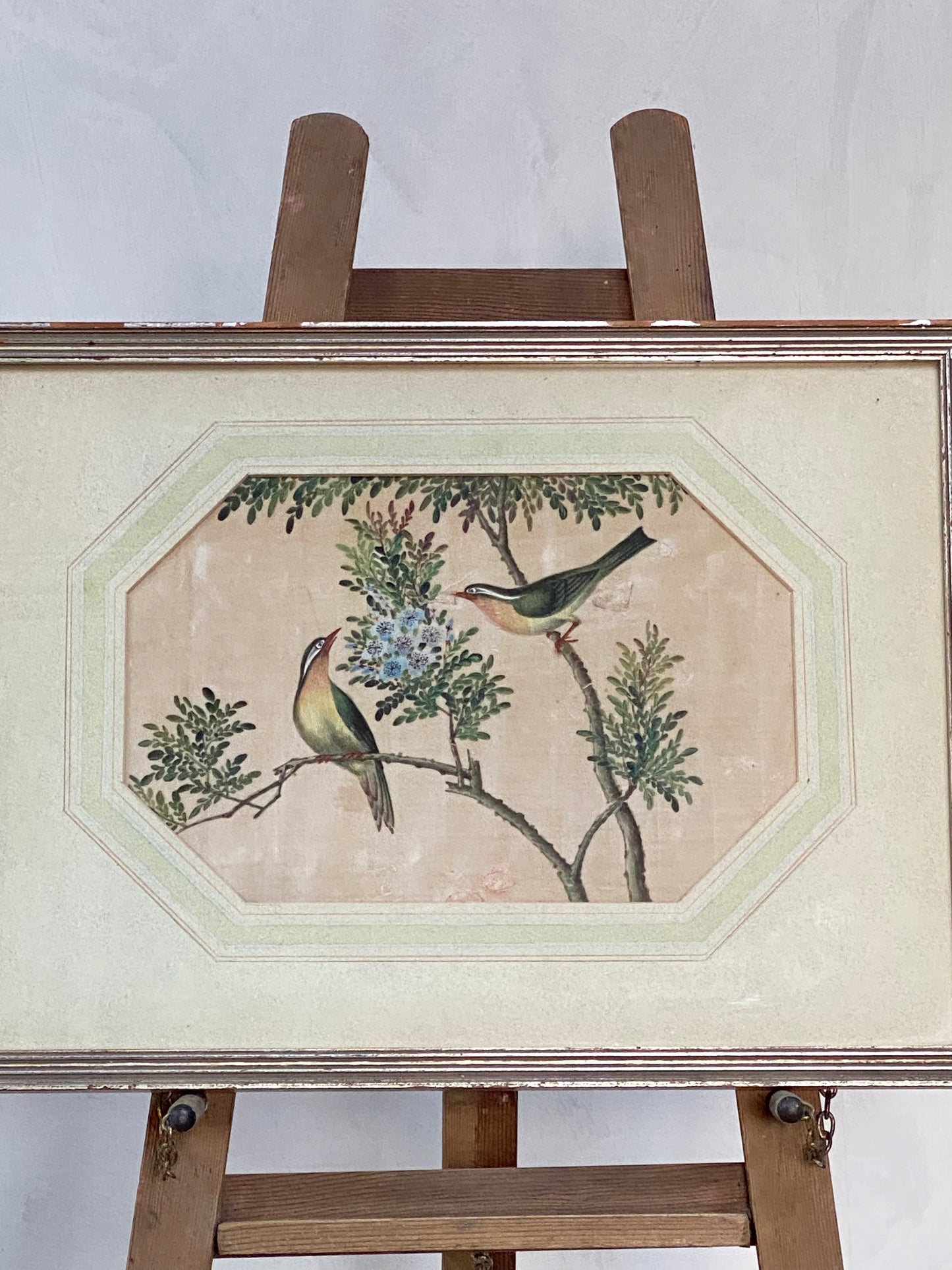 A pair of lovely Chinese silk hand painted water colours of birds in their original frames.