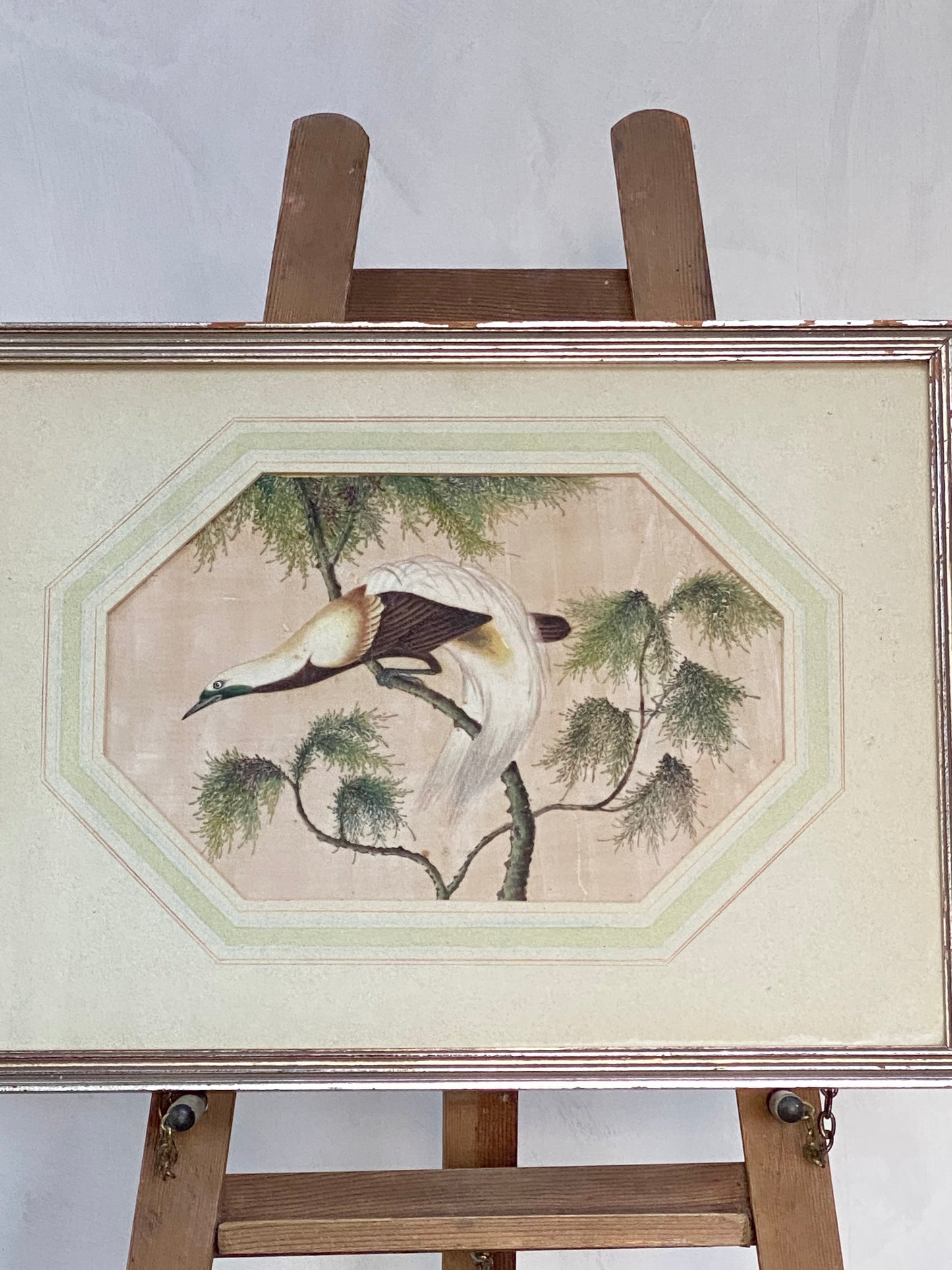 A pair of lovely Chinese silk hand painted water colours of birds in their original frames.