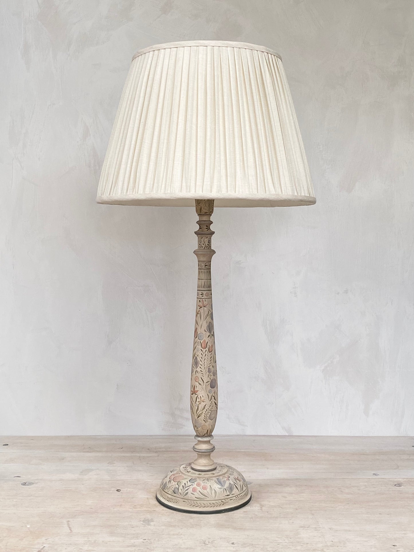 Tall Kashmiri Candlestick Lamp Base Apricot Green Faded