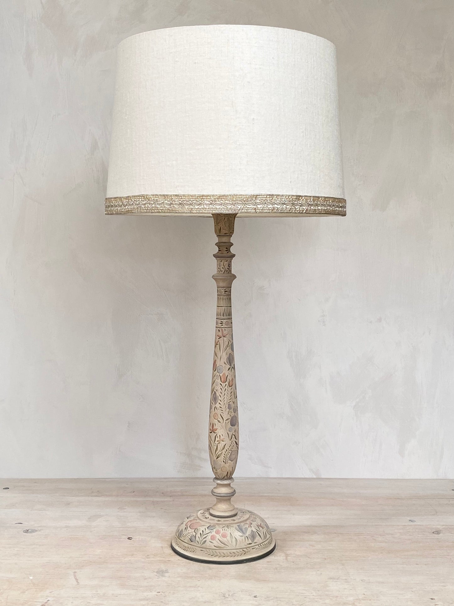 Tall Kashmiri Candlestick Lamp Base Apricot Green Faded