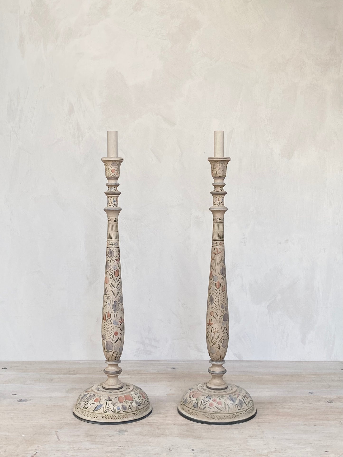 Tall Kashmiri Candlestick Lamp Base Apricot Green Faded