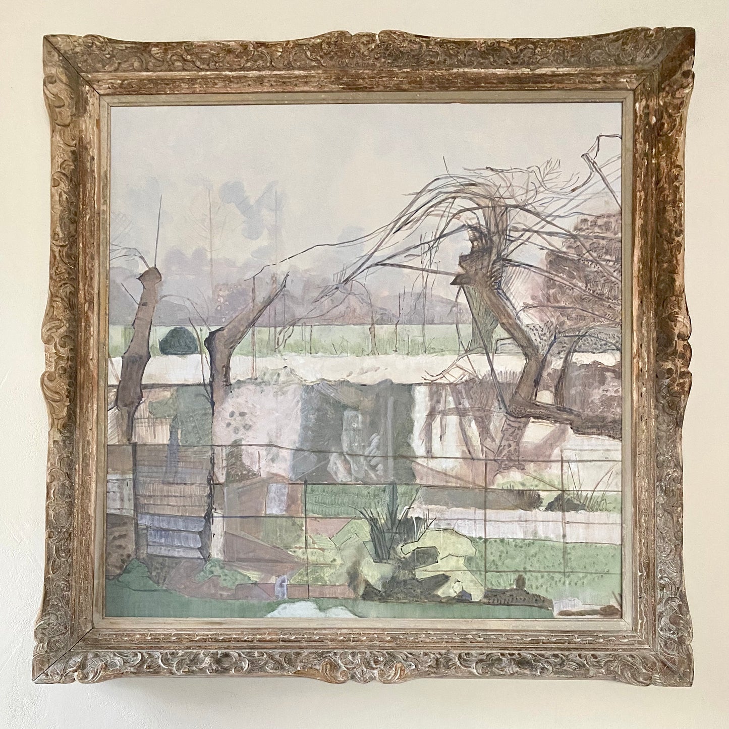 Large landscape painting in wonderful antique carved frame