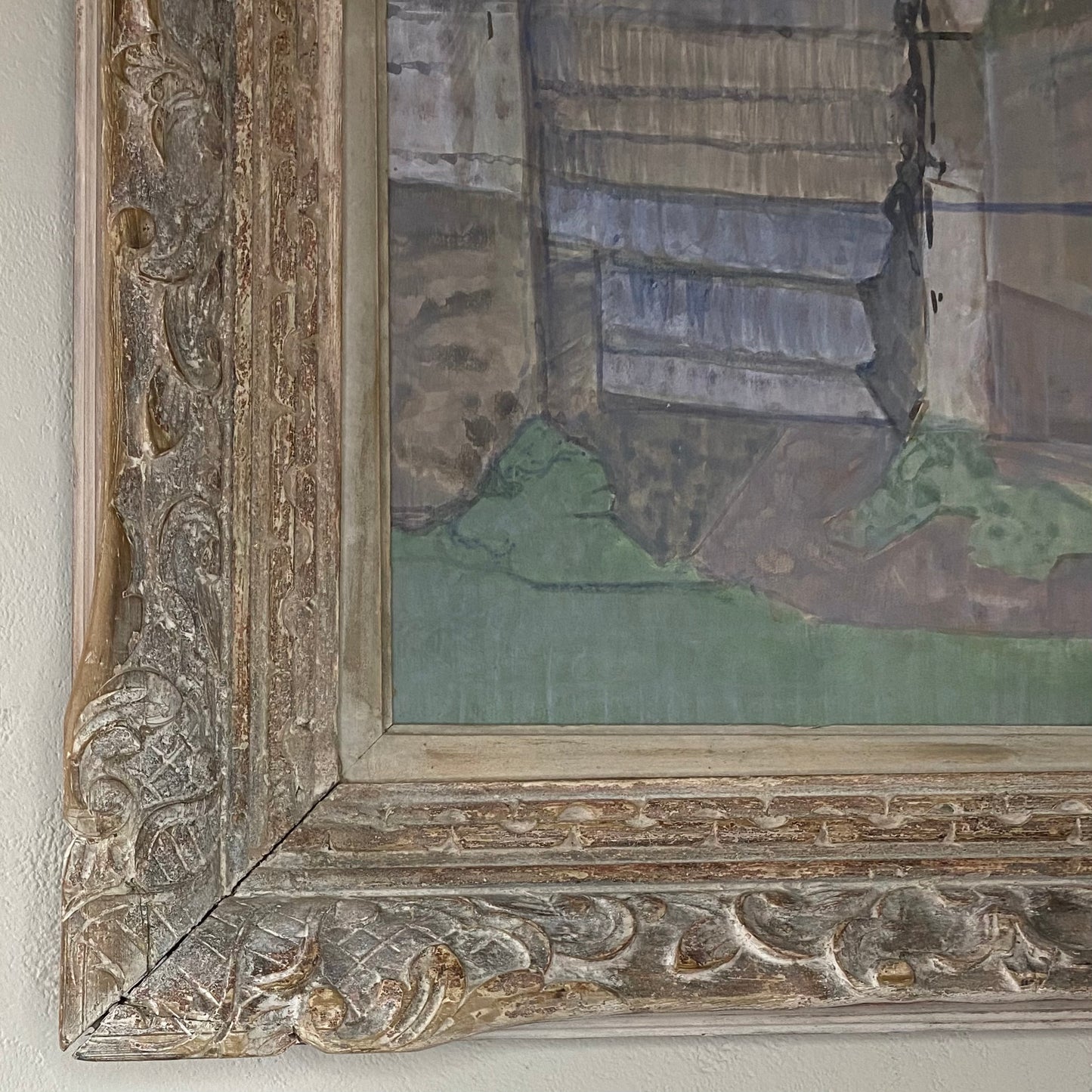 Large landscape painting in wonderful antique carved frame