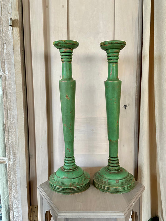 A pair of Indian candlesticks in a wonderful viridian green