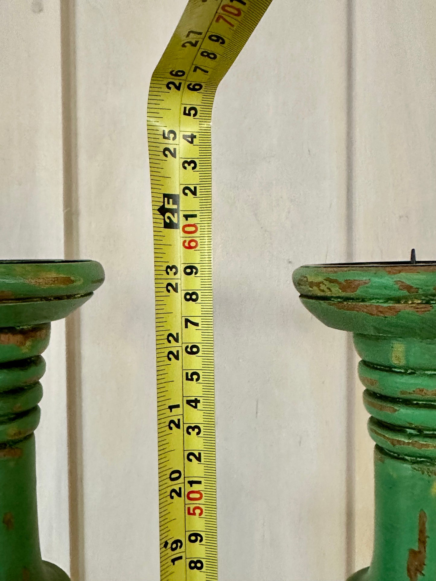 A pair of Indian candlesticks in a wonderful viridian green